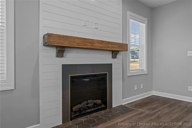 a room with a fireplace