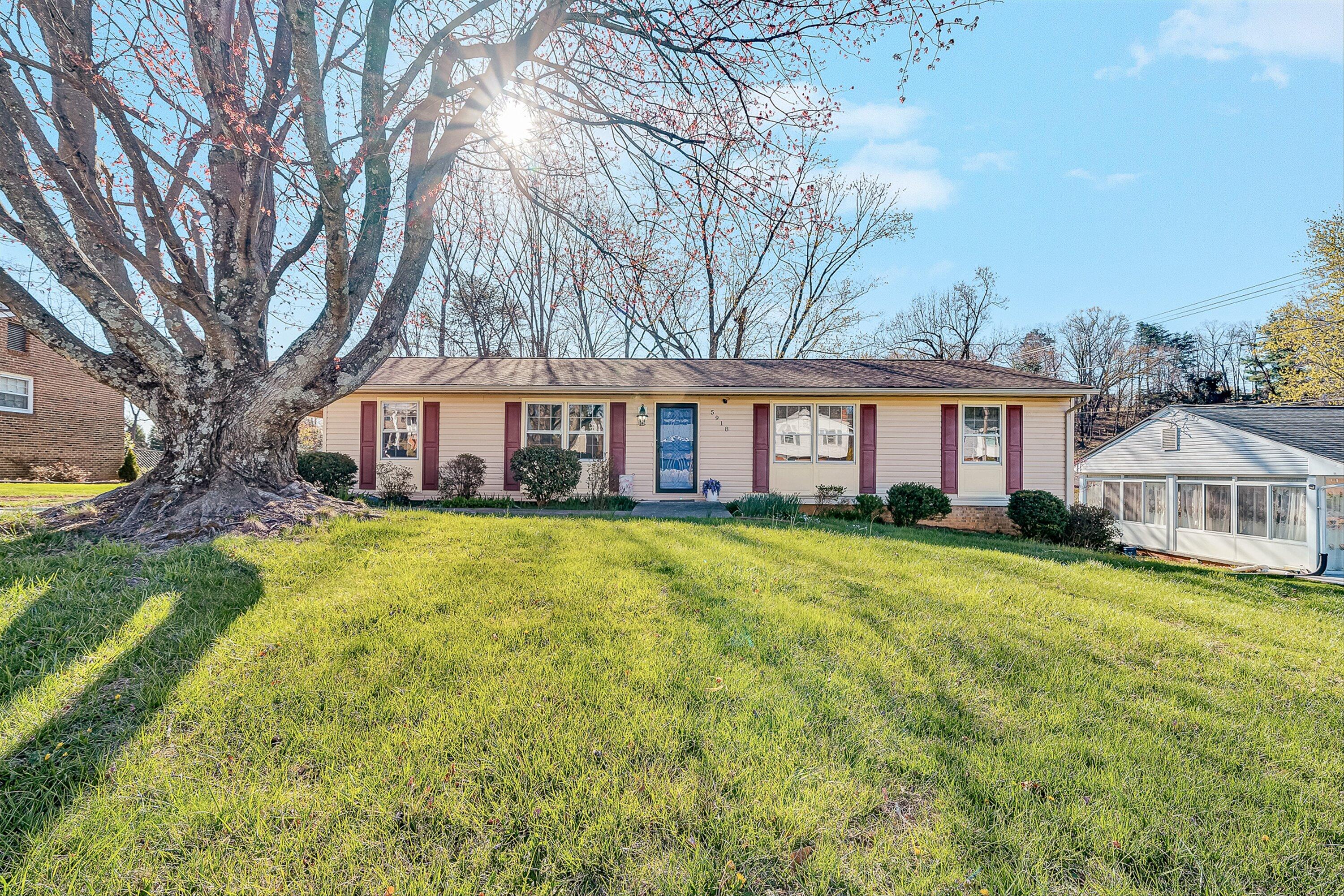 a front view of a house with yard and green space