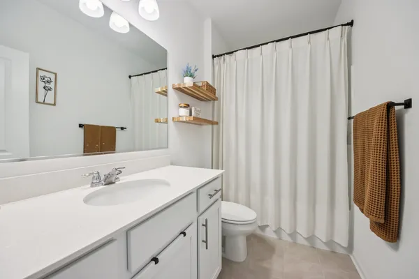a bathroom with a sink a toilet and shower curtain