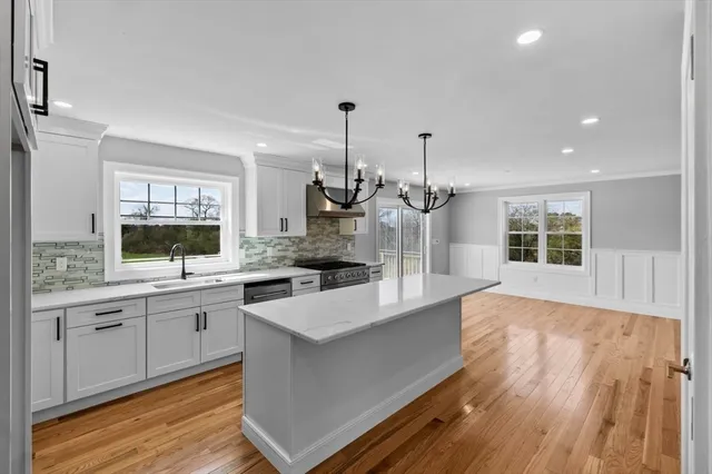 a large kitchen with kitchen island a large counter space a sink appliances and cabinets