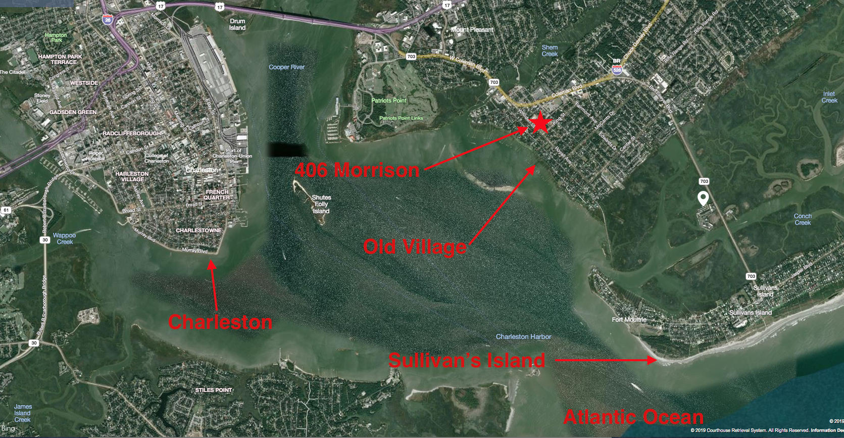 406 Morrison Street Mount Pleasant, SC 29464 - Photo 1 of 23 AERIAL - RELATION TO CHS, OV, SI