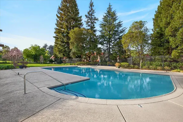 a view of a swimming pool with a yard