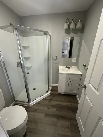 a bathroom with a sink toilet and shower