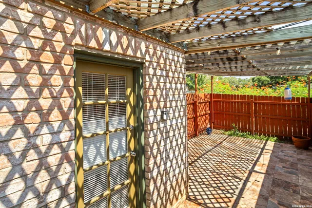 a view of a wooden roof with a outdoor space