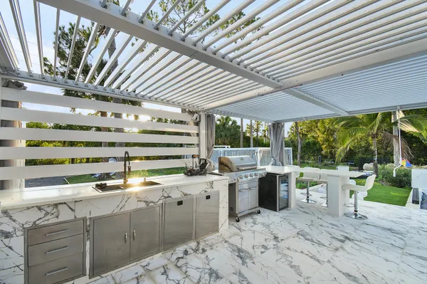 a garden view with a seating space