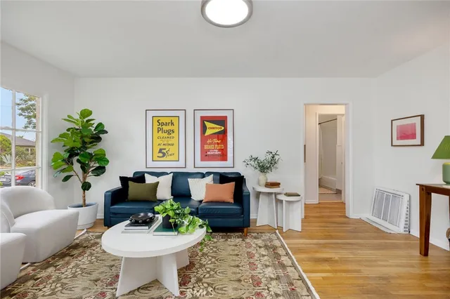 a living room with furniture and a potted plant