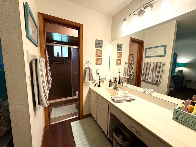 a bathroom with a double vanity sink a mirror and a shower