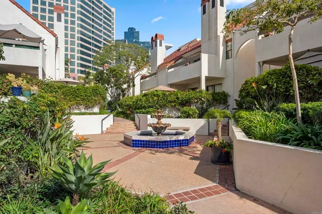 a building outdoor space with patio furniture