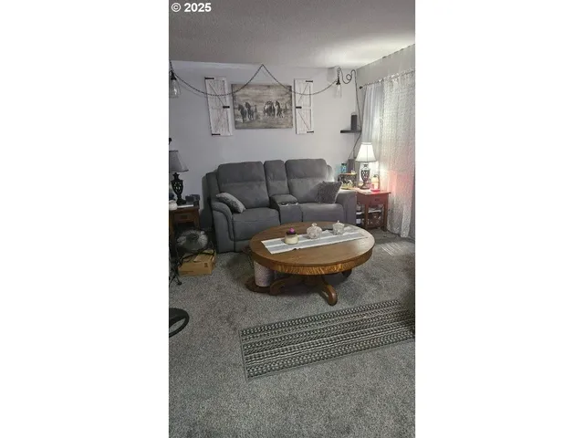 a living room with furniture and a dining table