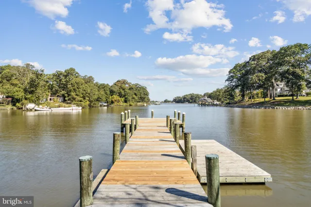 a wooden pier with boats and trees in the background