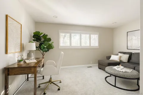 a living room with furniture a window and a potted plant