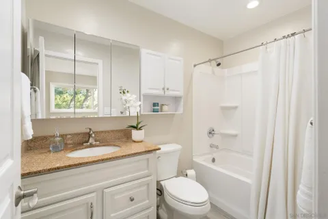 a bathroom with a granite countertop sink a toilet and shower