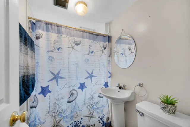 a bathroom with a sink mirror toilet and a shower