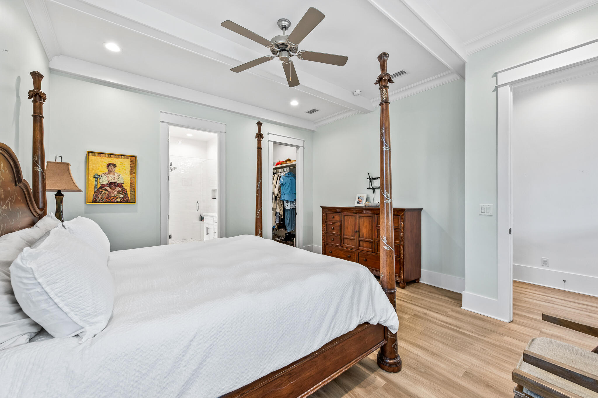 175 Greenbriar Lane Santa Rosa Beach, FL 32459 - Photo 27 of 77 a bedroom with a bed ceiling fan and a wooden floor
