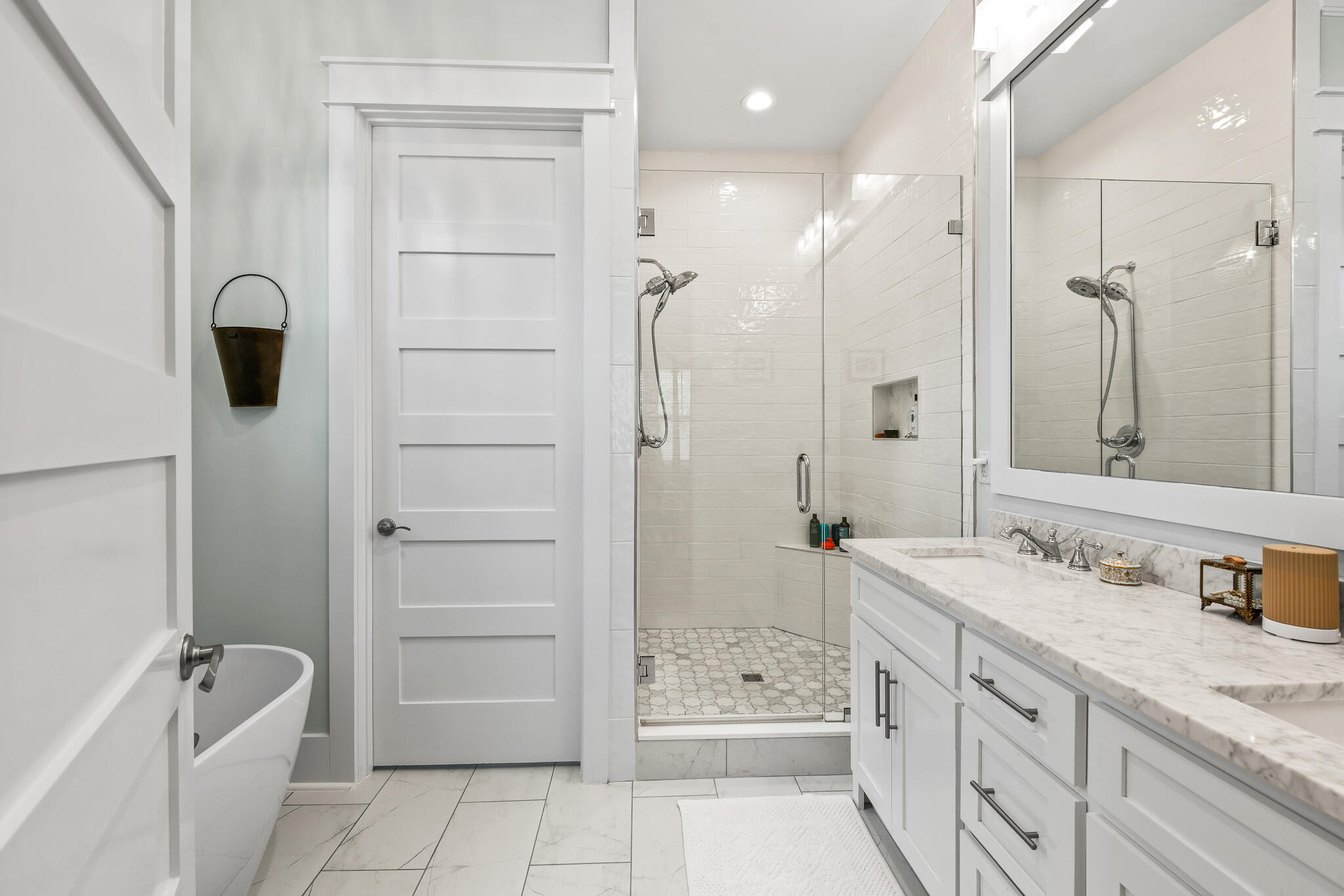 175 Greenbriar Lane Santa Rosa Beach, FL 32459 - Photo 30 of 77 a bathroom with a granite countertop sink a mirror a bathtub and shower