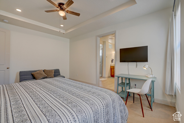 1329 Paseos Street Washington, UT 84780 - Photo 19 of 35 Bedroom with a raised ceiling, ceiling fan, light carpet, recessed lighting, and ensuite bath
