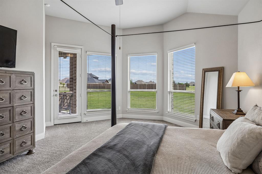 1581 Lynx Loop Forney, TX 75126 - Photo 20 of 38 Bedroom with carpet floors, access to covered outdoor patio, ceiling fan, and lofted ceiling