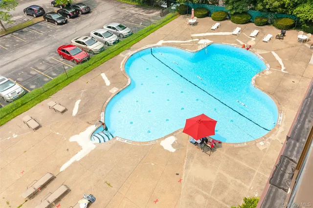 a view of a swimming pool with a yard and swimming pool