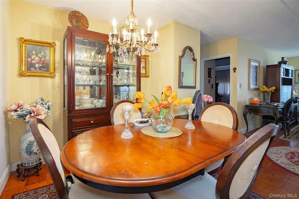 a view of a dining room with furniture