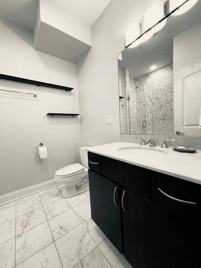 39 North Morgan Street, Unit 3 Chicago, IL 60607 - Photo 12 of 17 a bathroom with a sink a toilet a mirror and vanity