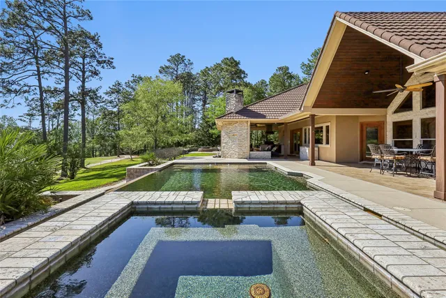 a view of swimming pool with lawn chairs and plants