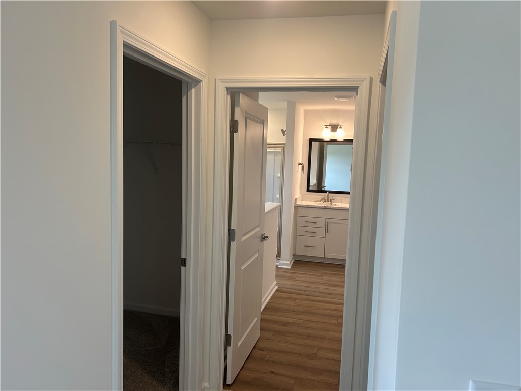 217 Bellflower Lane Anderson, SC 29625 - Photo 17 of 27 Clean lines and wood-look flooring lead to a well-appointed primary bath vanity.