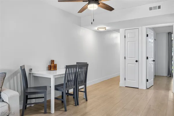 a view of a dining room with furniture