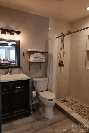 a bathroom with a sink toilet and a mirror