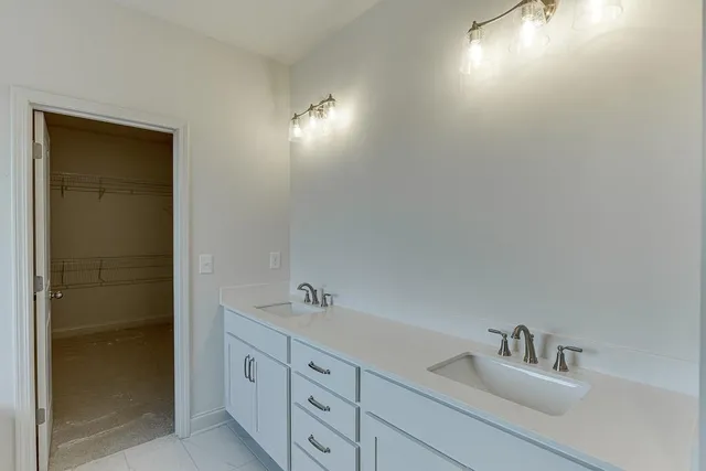 a bathroom with double vanity sink a mirror and shower
