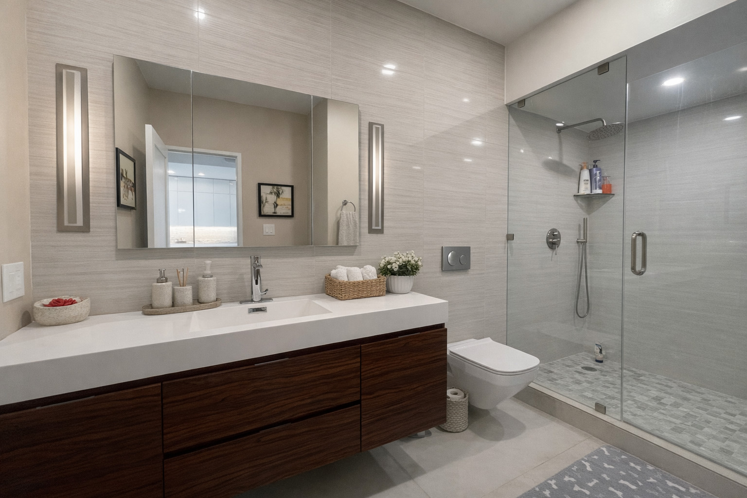 175 East Delaware Place, Unit 4723 Chicago, IL 60611 - Photo 18 of 26 a bathroom with a double vanity sink toilet and shower