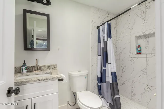 a bathroom with a granite countertop toilet sink and mirror