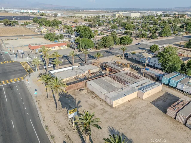 an aerial view of a patio with swimming pool