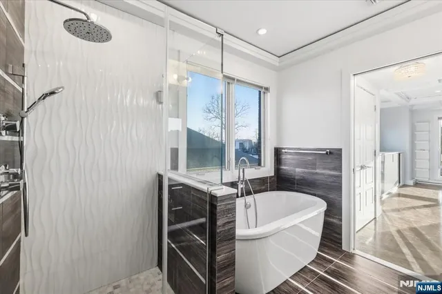 a bathroom with a bathtub and a shower