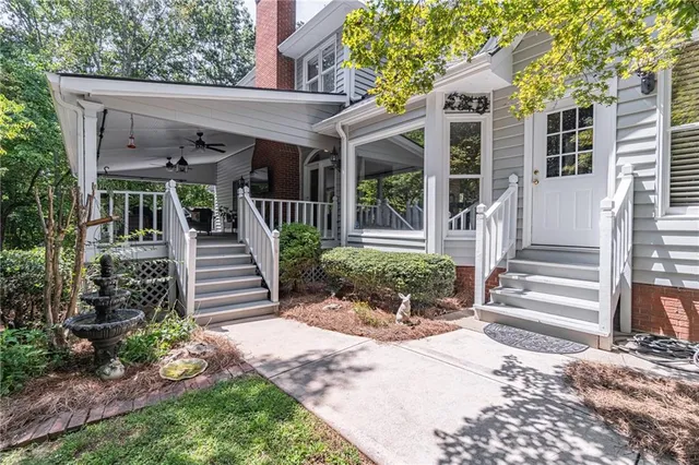 an aerial view of a house with a outdoor space