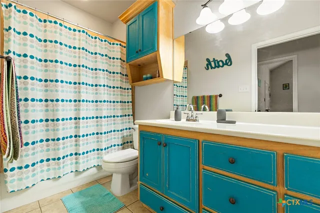 a bathroom with a sink a toilet and shower curtain