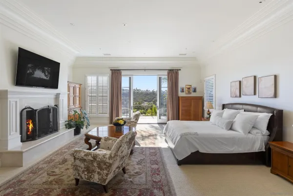 a living room with a large window and a potted plant