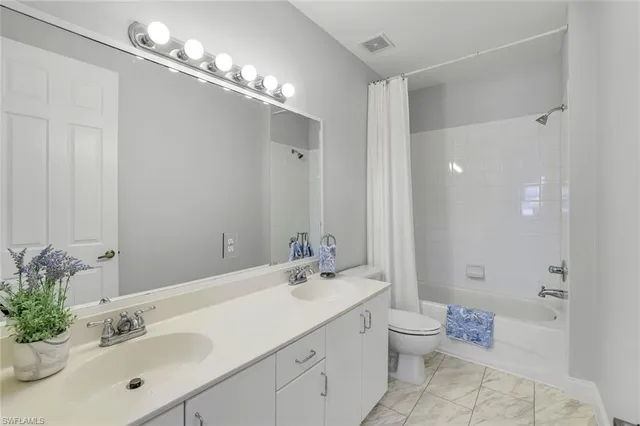 a bathroom with a double vanity sink mirror and toilet