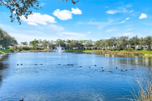 a view of a lake with houses in background