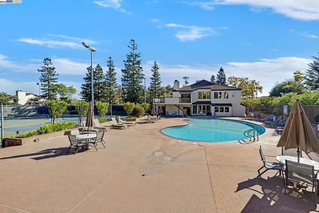 a view of a swimming pool and lounge chairs