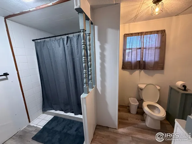 a bathroom with a toilet and a shower curtain