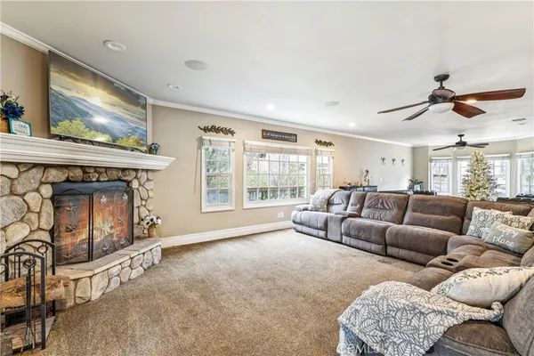 a living room with furniture a fireplace and a flat screen tv