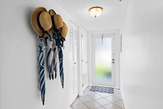 a view of a hallway with painted walls