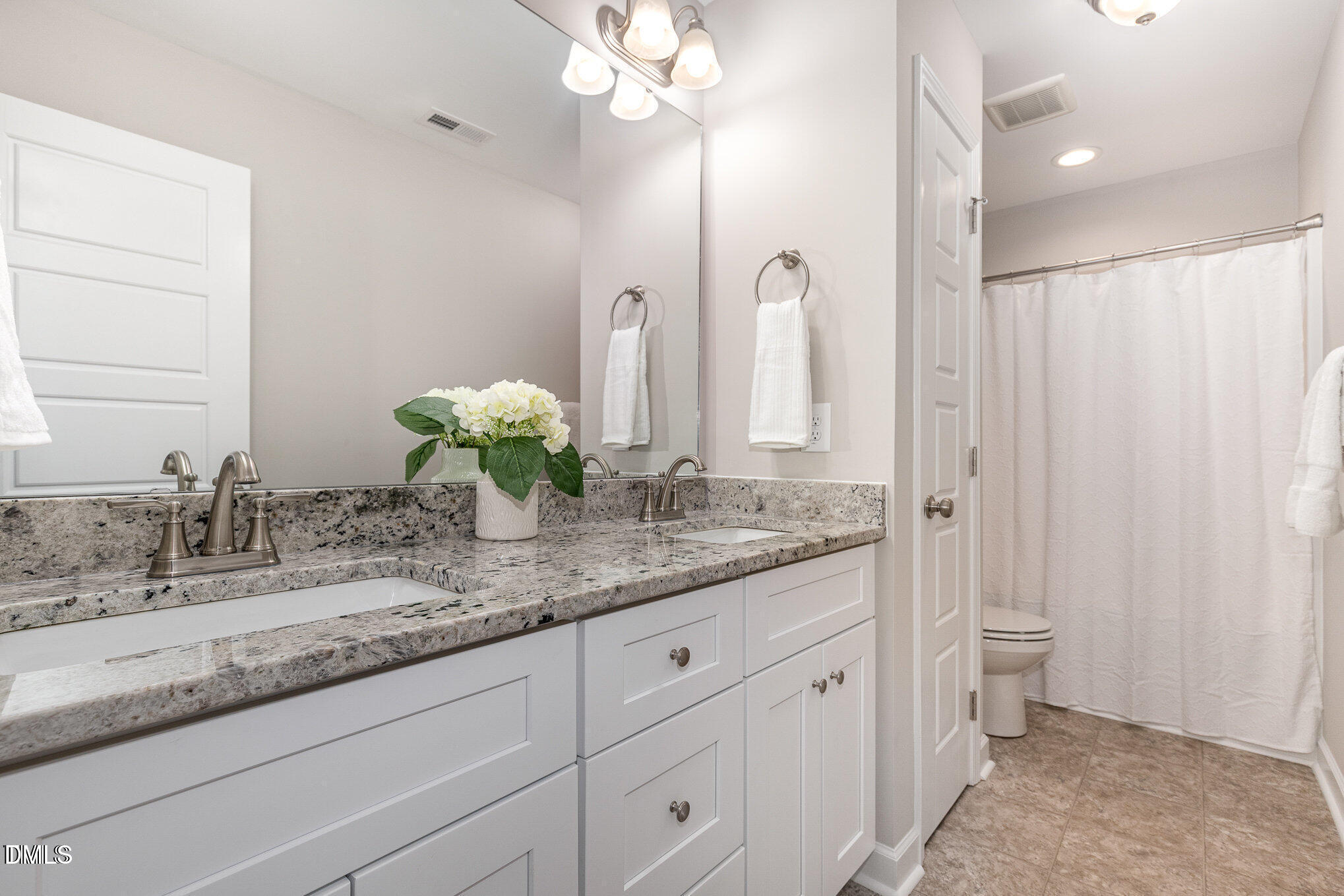 8662 Buckhorn Plantation Road Sims, NC 27880 - Photo 36 of 37 a bathroom with a granite countertop sink a toilet and a mirror