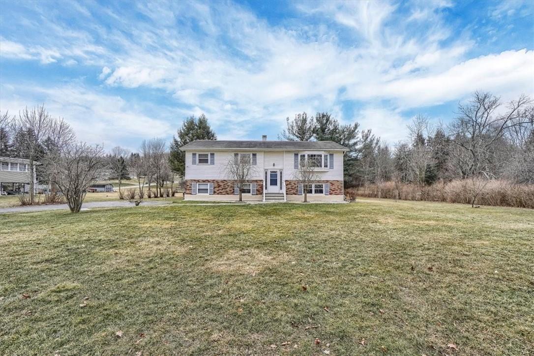 a view of a house with a big yard and a large tree