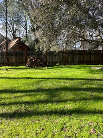 a green field with trees in the background