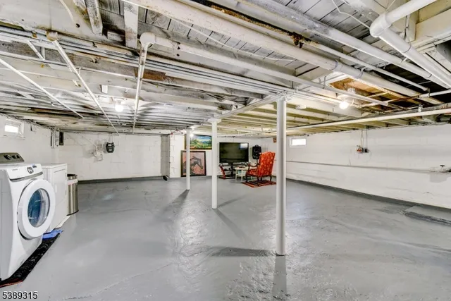 a view of a garage with storage