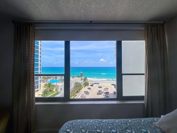 a view of a balcony from a window