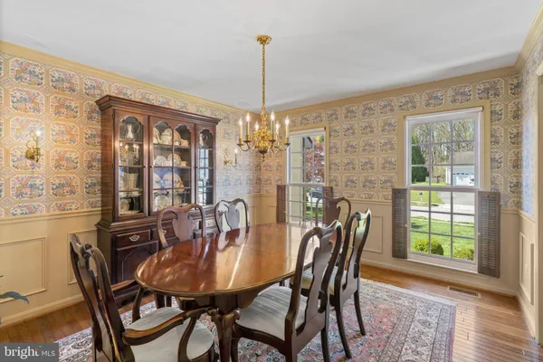 a view of a dining room with furniture window and wooden floor