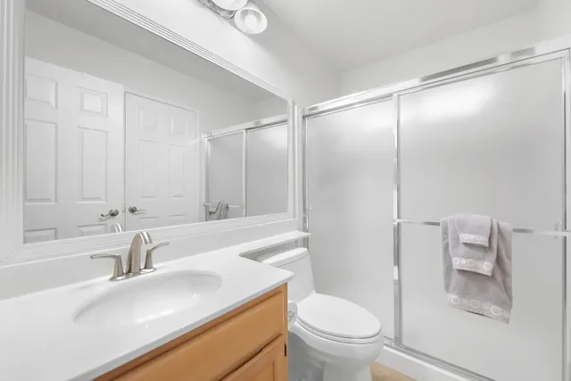 a bathroom with a sink a toilet and a large mirror