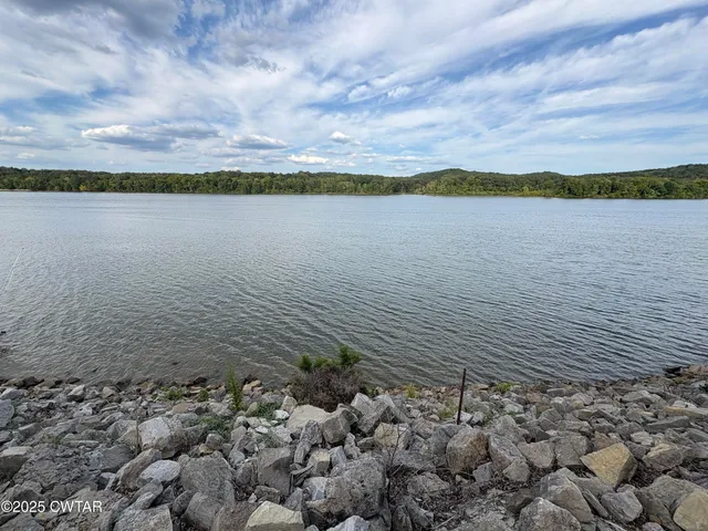 a view of a lake with houses in the back